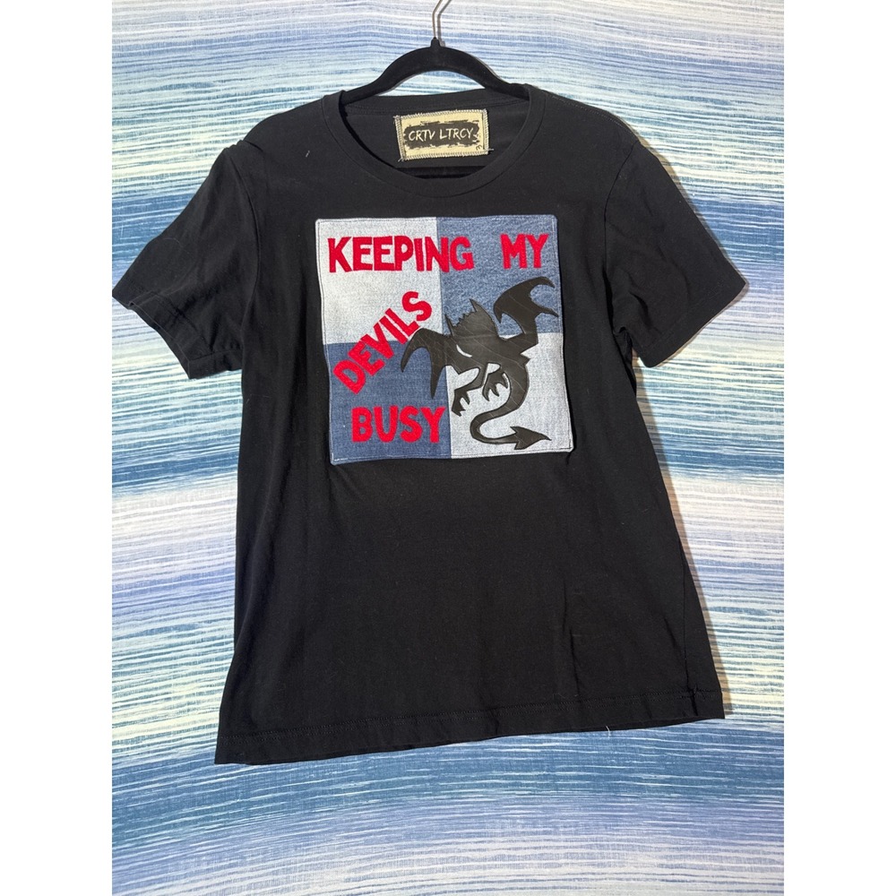 Upcycled "Keeping My Devils Busy" Denim Patchwork Tee Black Medium One of One
